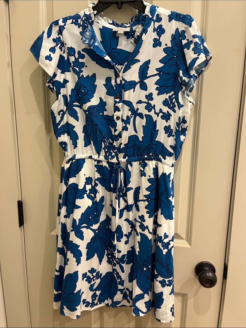 LOFT White Mini Dress with Bold Blue Floral Print